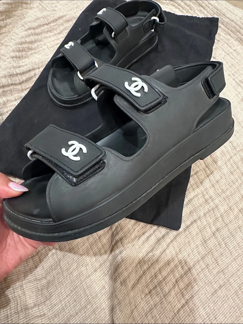 CHANEL Dad- Black Rubber Double-Strap Sandals